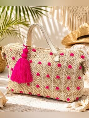 Stacy Bradley Design Boho Weekender Tote Bag Tan Cream Geometric Pink Tassel
